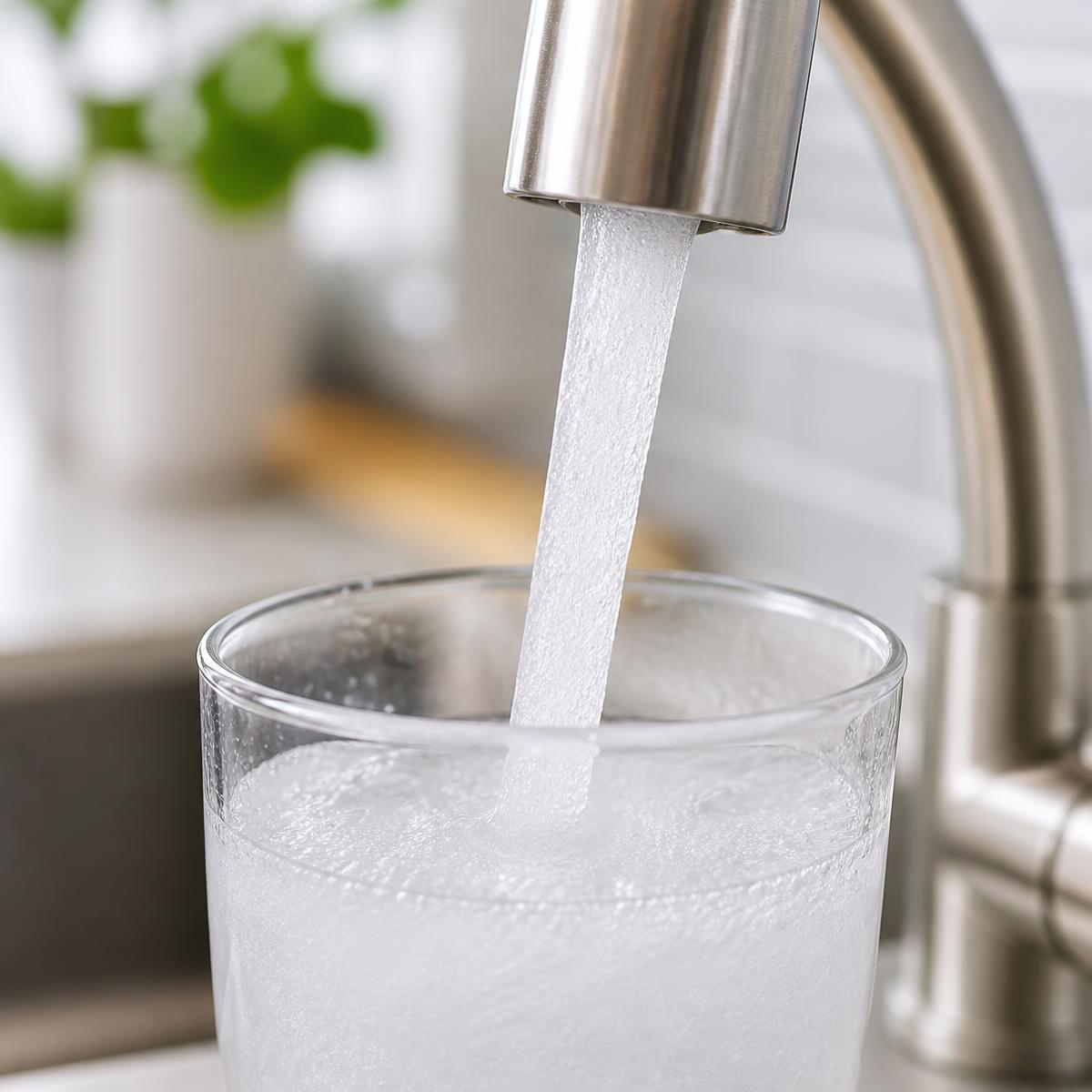 Milky white microbubble water pouring from a tap fitted with MiniBle
