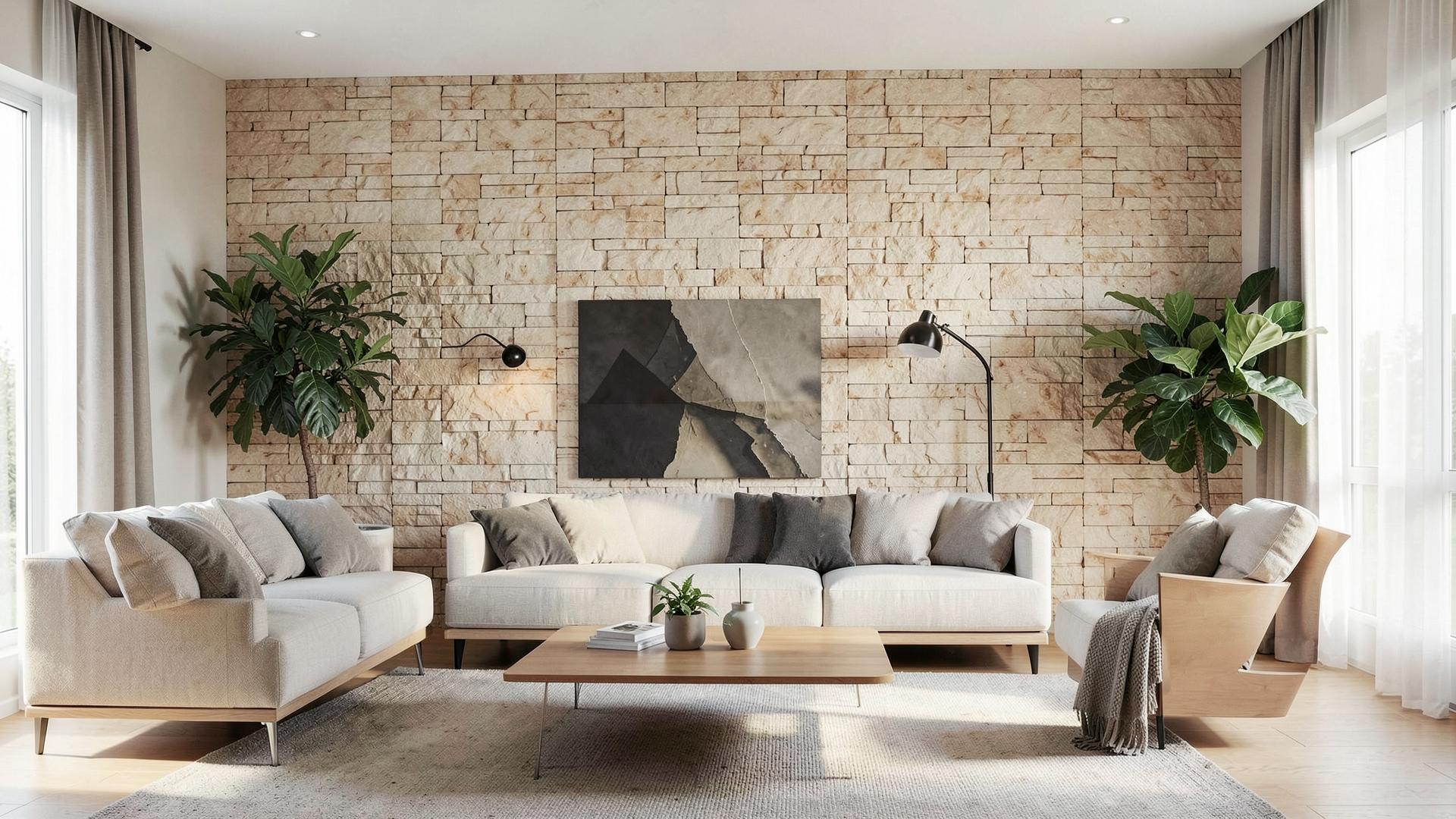 Living room feature wall finished with UESTONE faux stone panels